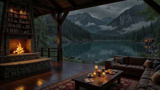 😴 Peaceful Rain on the Lakeside Porch (NO ADS) Rainy Night ASMR with Fireplace for Better Sleep