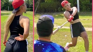 金髪Ｔバック野球女子がノーパンへそ出し身軽スタイルでエグい投球＆打球連発！ムコウズ４番候補に名乗りを上げる…。