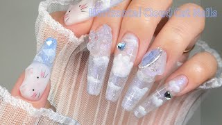 Cloud Cat Nail ☁️🐈| Trendy Horizontal Nail | Korean Nails | Self Nail | Nail Art | ASMR