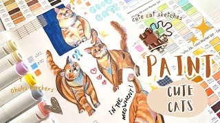 Easy Cat Sketching with Ohuhu Alcohol Markers | Dynamic Poses Tutorial | Cats Painting 🐾🎨