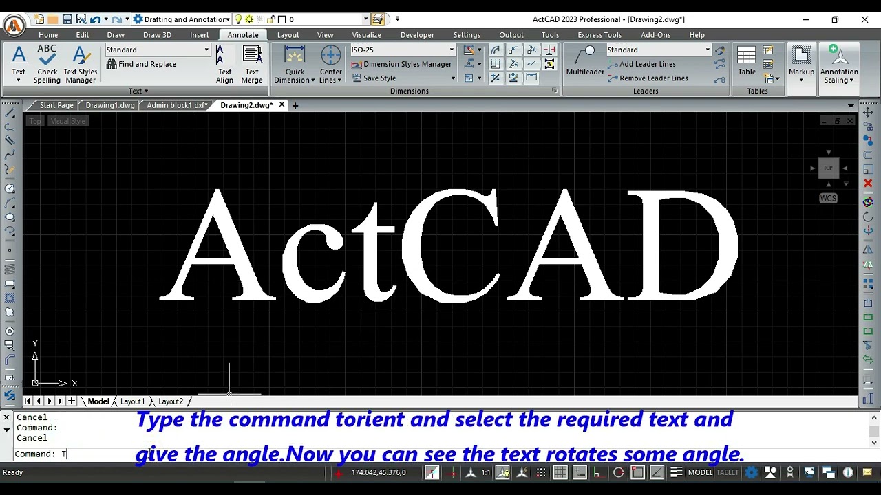 How to rotate text using torient command in ActCAD - YouTube