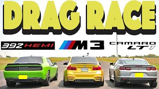 F80 M3 Comp DCT vs Camaro 10AT LT1 vs Challenger 8AT 392 T/A. Drag and Roll Race.