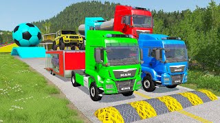 Double Flatbed Trailer Truck vs Speedbumps Train vs Cars | Tractor vs Train Beamng.Drive 060