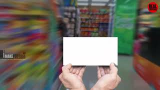 2 hands holding a blank white mockup sign board in front of a blurry supermarket  speed motion