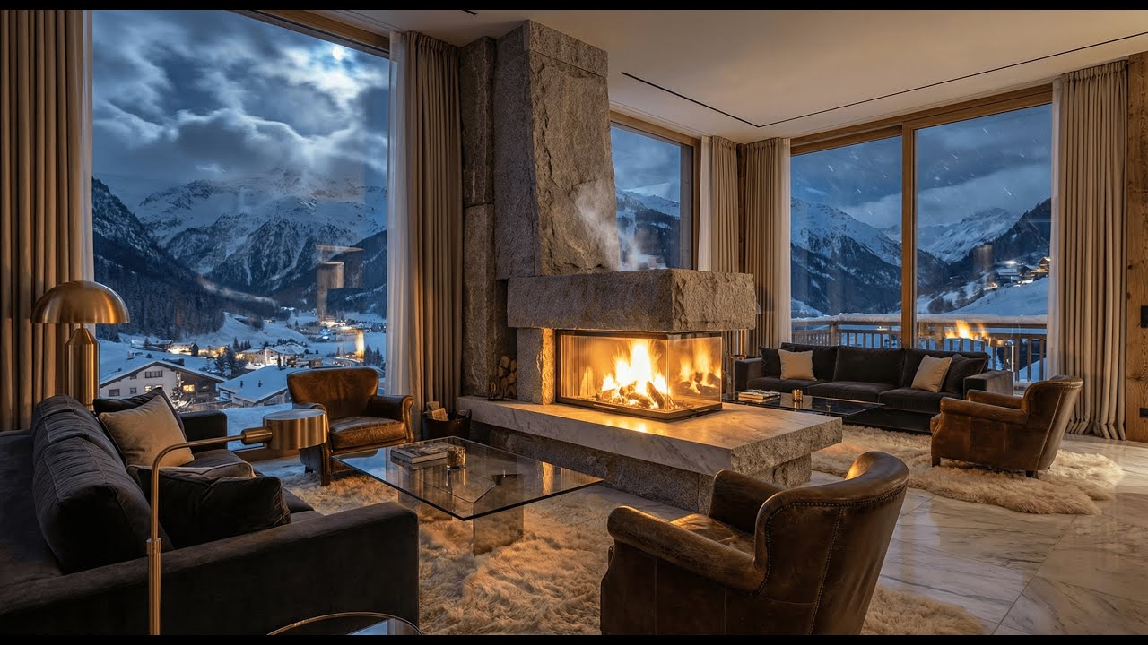 1 Hour Cozy Fireplace & Snowfall Ambience | Relaxing Music, Winter Cabin, 4K