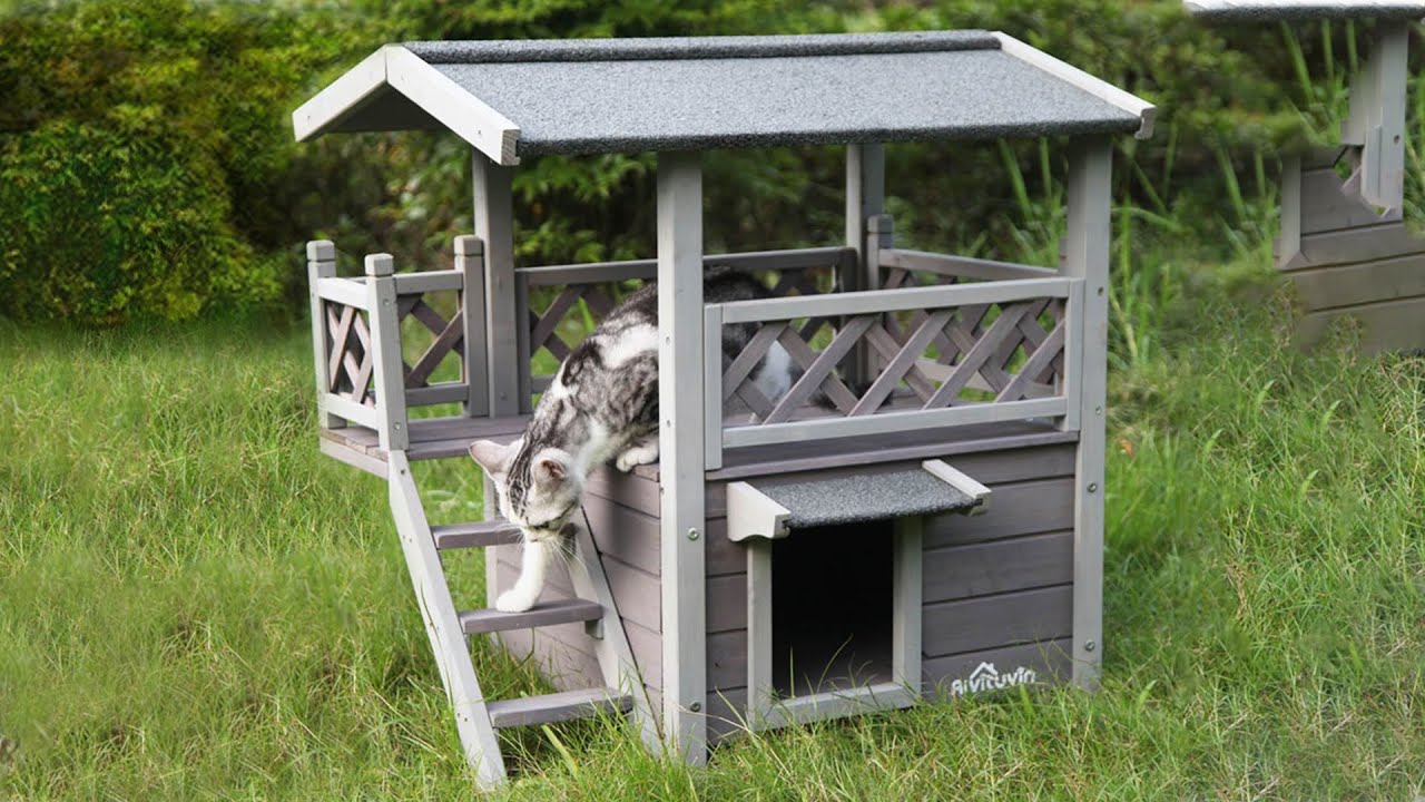 Wooden Cat House with Waterproof Roof and BalconyAivituvinAIR09B