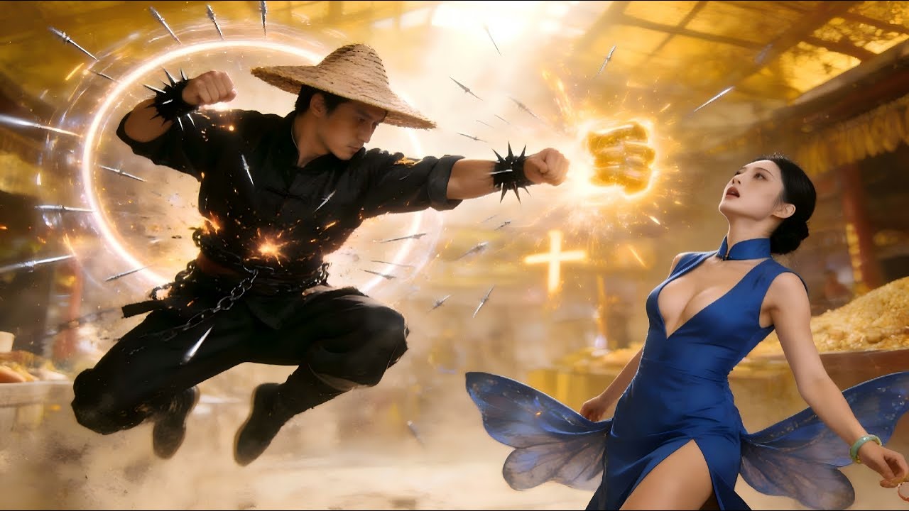 💥麦わら帽子の手伝いが覚醒！一撃で悪党を崩し、青いドレスの美女が驚き呆れる！