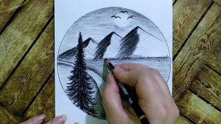 رسم سهل/رسم بالفحم/تعليم رسم منظر طبيعي خطوة بخطوة للمبتدئين تعلم رسم منظر طبيعيeasy scenery drawing