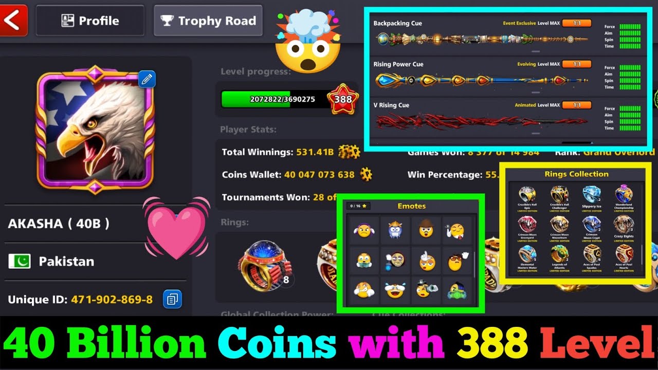 40 Billion coins with 388 High level Account 8 ball pool 
