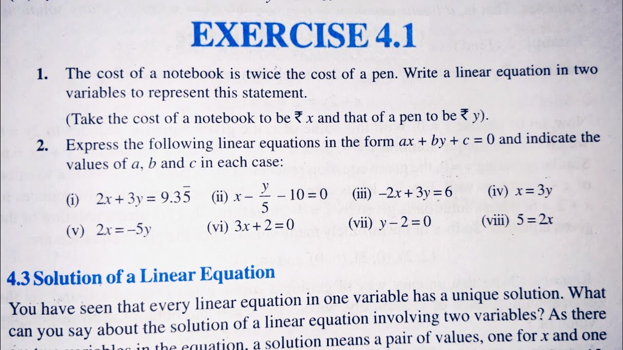 Class 9th Maths | Chapter 4 | Exercise 4.1| Linear Equations In Two ...