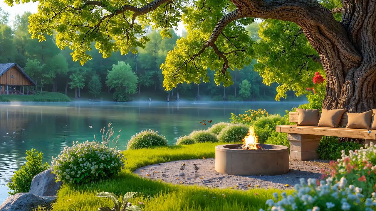Атмосфера у костра на берегу озера | Расслабляющая фортепианная музыка, пение птиц и нежные звуки во