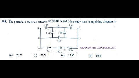 The potential difference between the points A and B in the following circuit in steady state will be