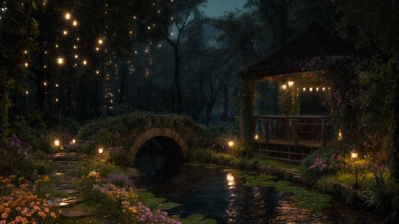 ✨ Moonlit Fairy Village Garden Walk | Soft Rain & Warm Lights for Relaxation