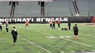 Joe Burrow throwing darts Wednesday in Bengals practice