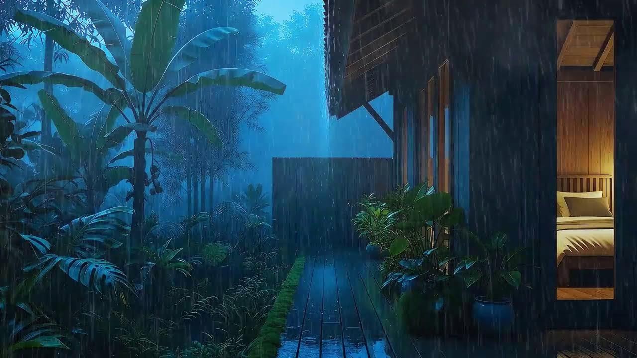 Soothing Night Rain To Sleep Fast In Tropical Wooden Cabin 🌧️