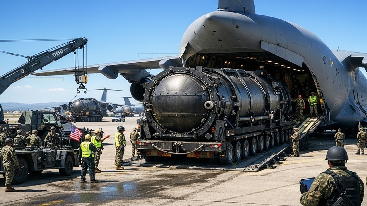 Внимание! Американский самолет C-17 Globemaster III ВВС США выгружает огромный 70-тонный ядерный