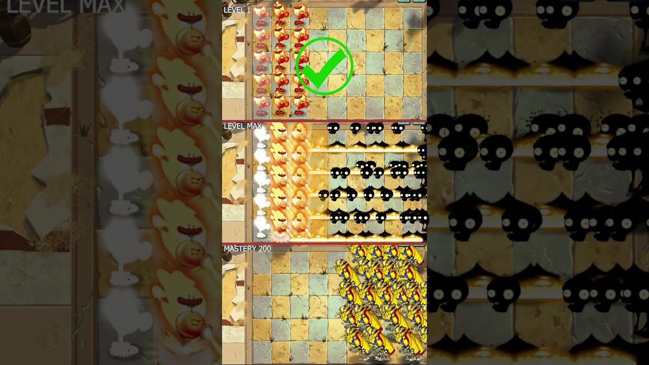 Pvz 2 - Fire Peashooters level 1, Max, Mastery 200 Vs 50 Pharaoh Zombies 