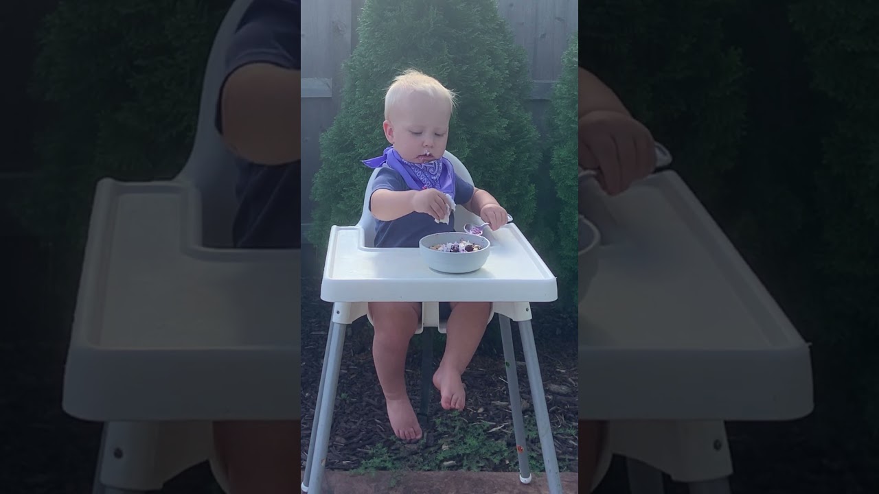 Baby enjoys first bite of whipped cream on dessert 