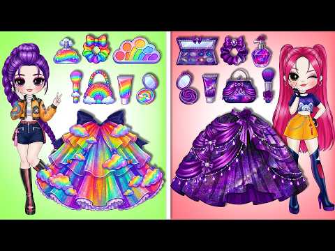 Rainbow vs Black! Huntrix Rumi & Mira Makeup And Dress Up Fashion Playset | DIY Fashion Paper Dolls