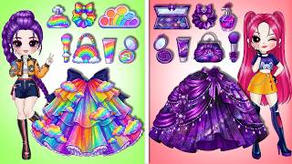 Rainbow vs Black! Huntrix Rumi & Mira Makeup And Dress Up Fashion Playset | DIY Fashion Paper Dolls