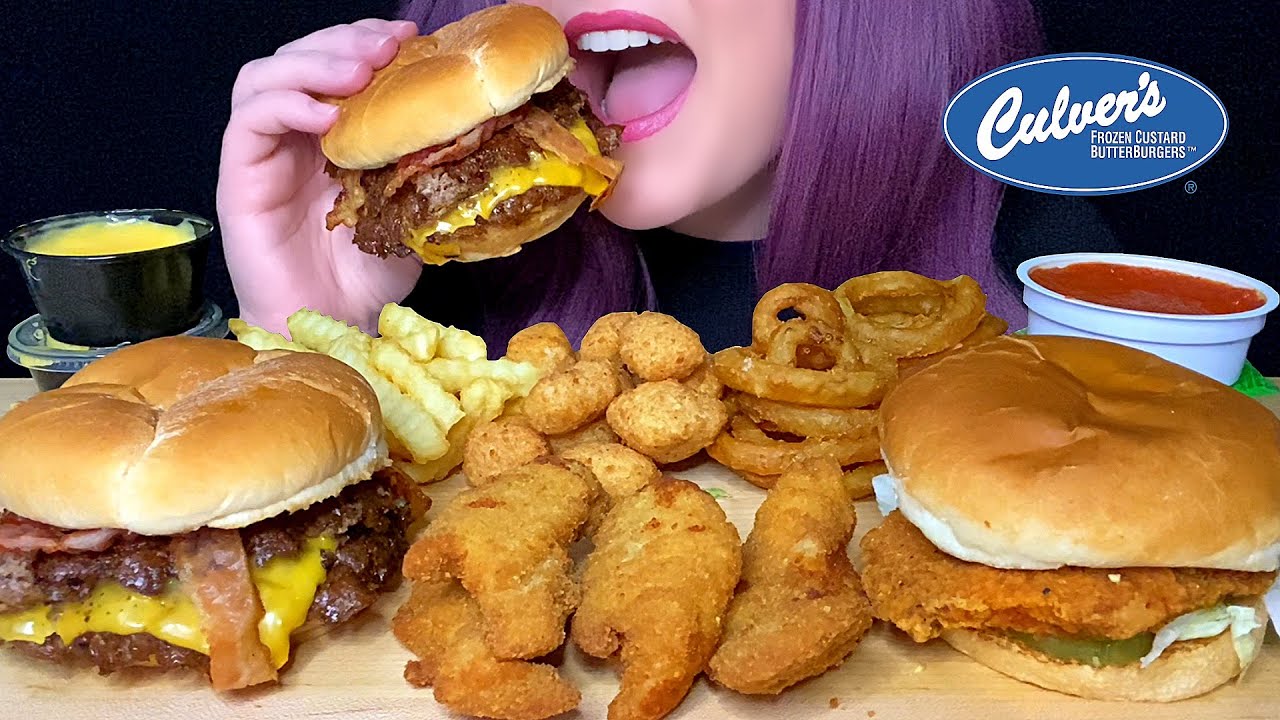ASMR CULVER’S MUKBANG (NO TALKING) BACON CHEESEBURGER + SPICY CHICKEN SANDWICH + CHEESE SAUCE