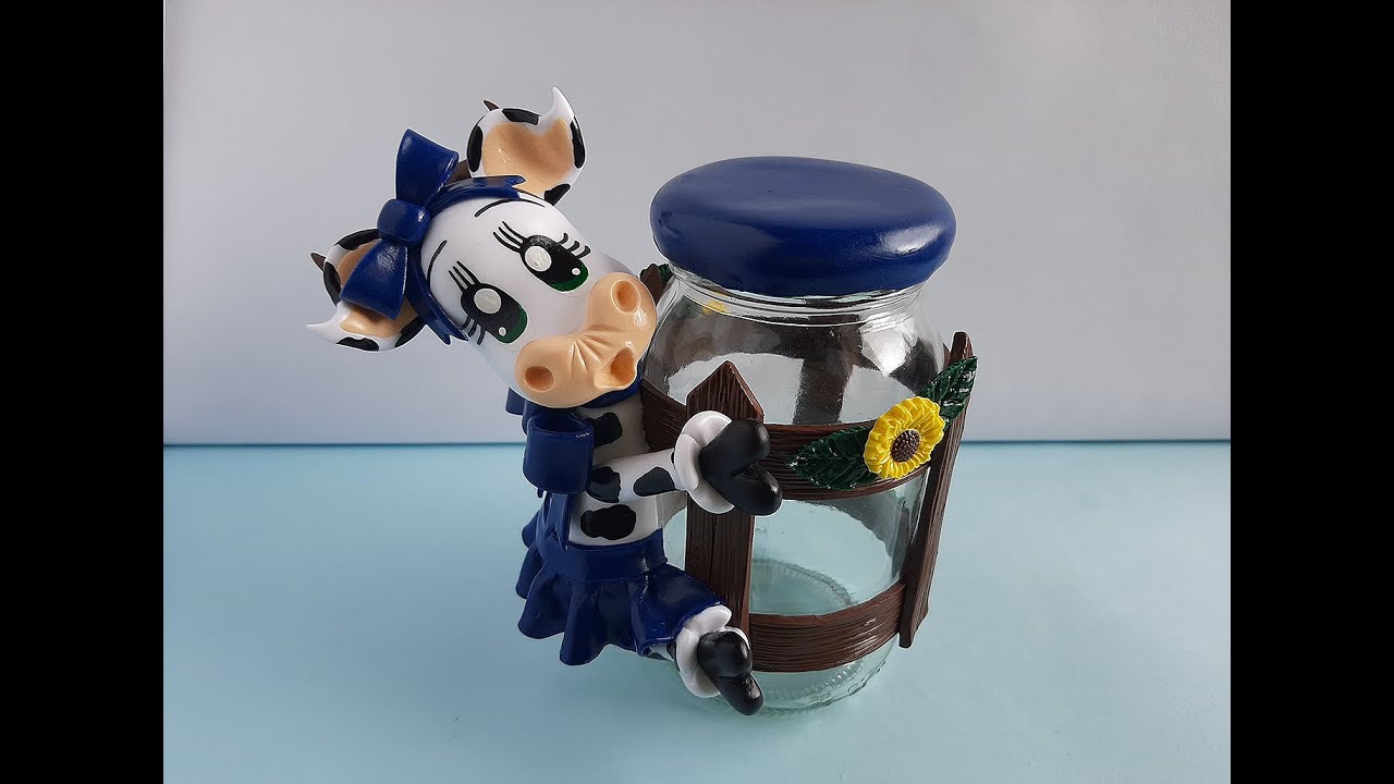 Frasco decorado con vaquita🐄🐄🐄🐄 Porcelana fria/ Air dry clay