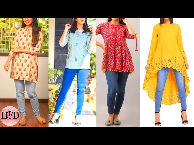 Cut Work Sleeves Cotton Denim Blue Long Kurti | Denimos-Tips & Tops-01 |  Cilory.com