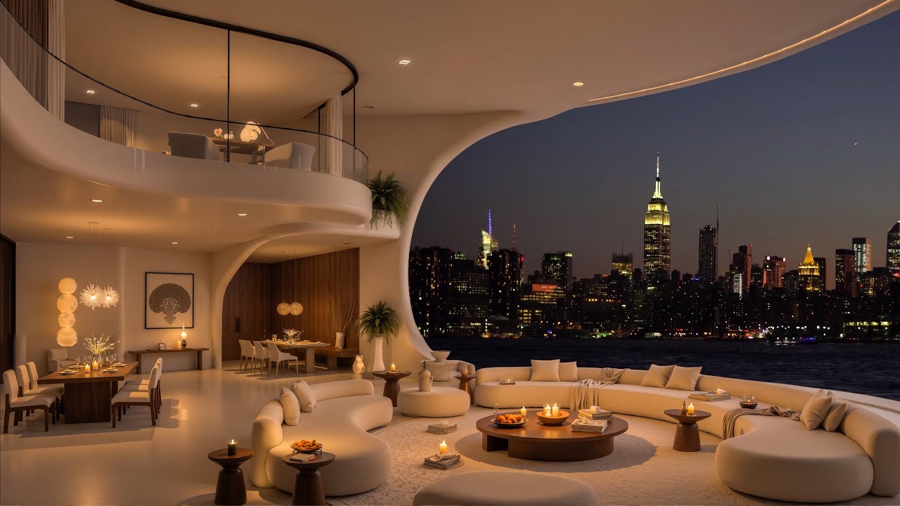 🏙️ Luxurious Lakeside Apartment Balcony in New York 🎶 Relaxing Jazz Ambience for Stress Relief