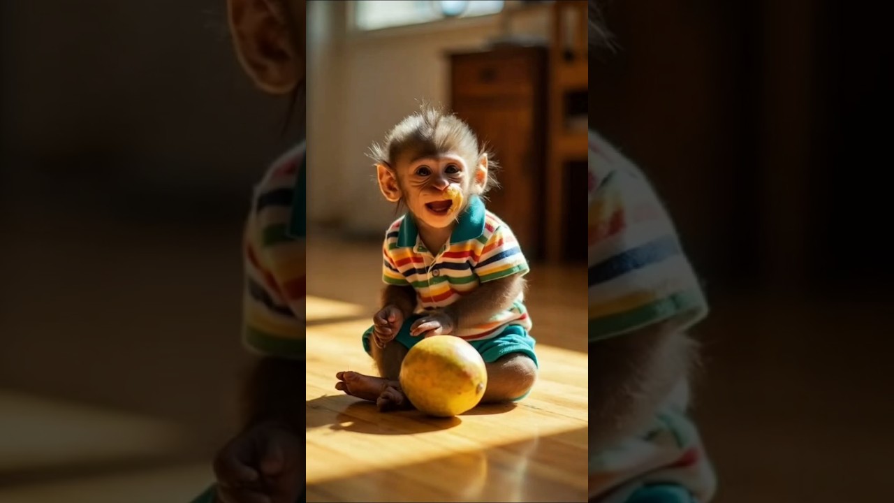 cute naughty animal Baby monkey eat mango t1 