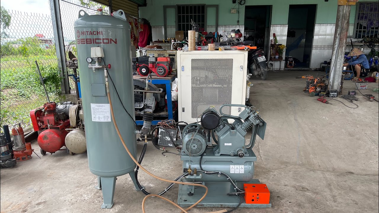 Máy bơm hơi hitachi 5hp 3 pha có bình chứa(đã bán về Bến Tre)