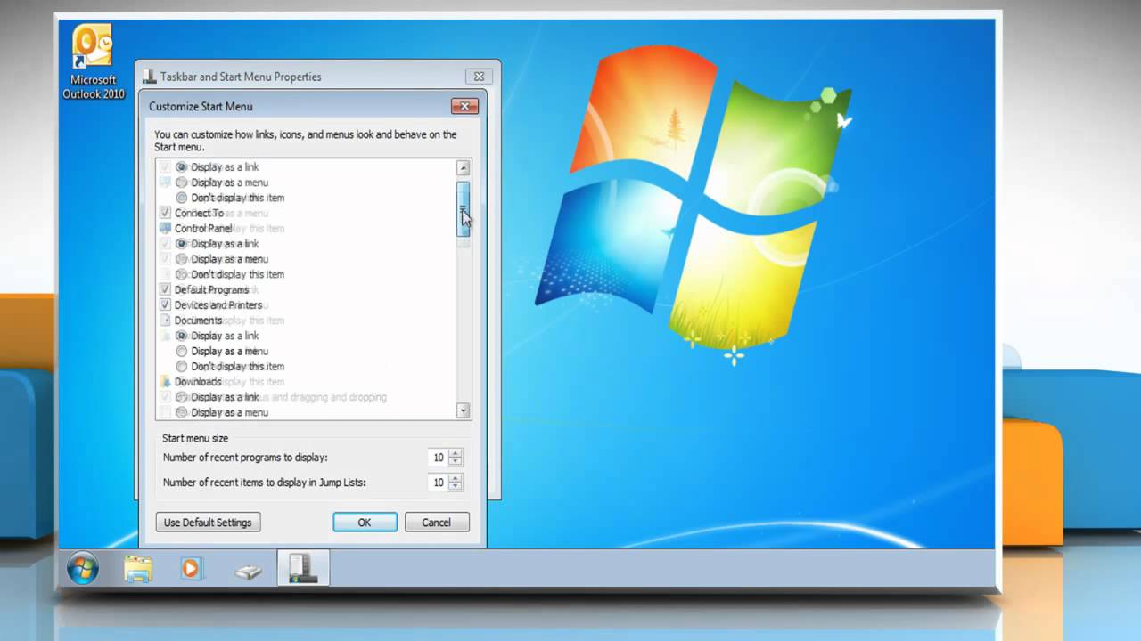 show downloads in start menu windows 7