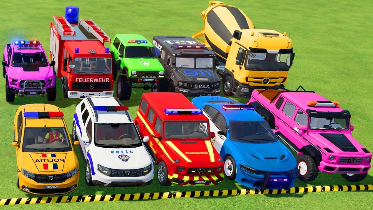 TRANSPORTING POLICE CARS, AMBULANCE, FIRE TRUCK, COLORFUL CARS WITH TRUCK -FARMING SIMULATOR 22!