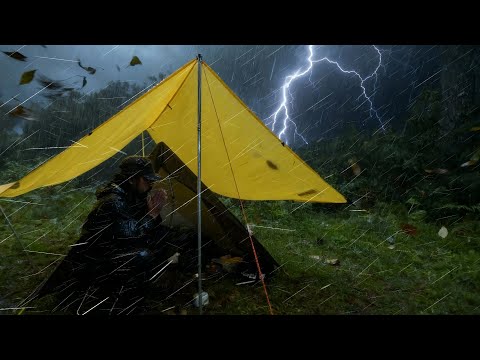 EXTREME RAIN CAMPING SURVIVING SOLO CAMPING IN HEAVY RAIN THUNDERSTORM