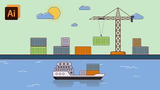 Cargo ship illustration- flat and outline illustration | adobe illustrator tutorial