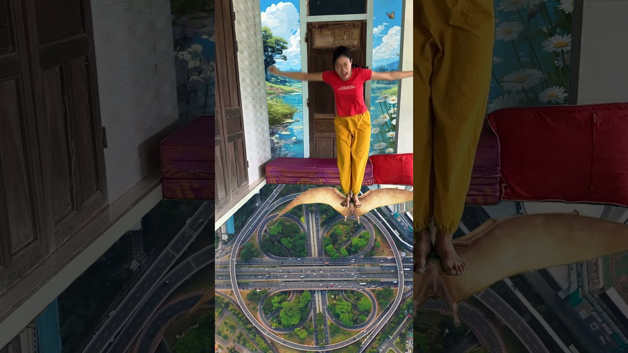 Hana's floor features three flying dinosaurs and a miniature city