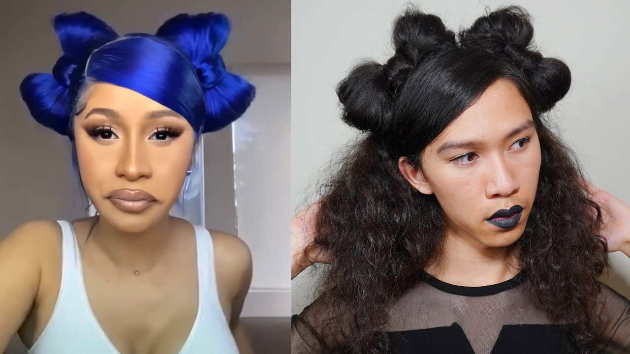 CARDI B INSPIRED DOUBLE BOW HAIR BUNS LEWK, Hairstyles for Long Curly Hair