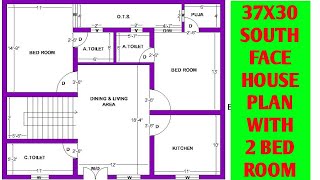 37x30 sq.ft area plot size | 37x30 south face house plan 2 bed room with puja according to vastu