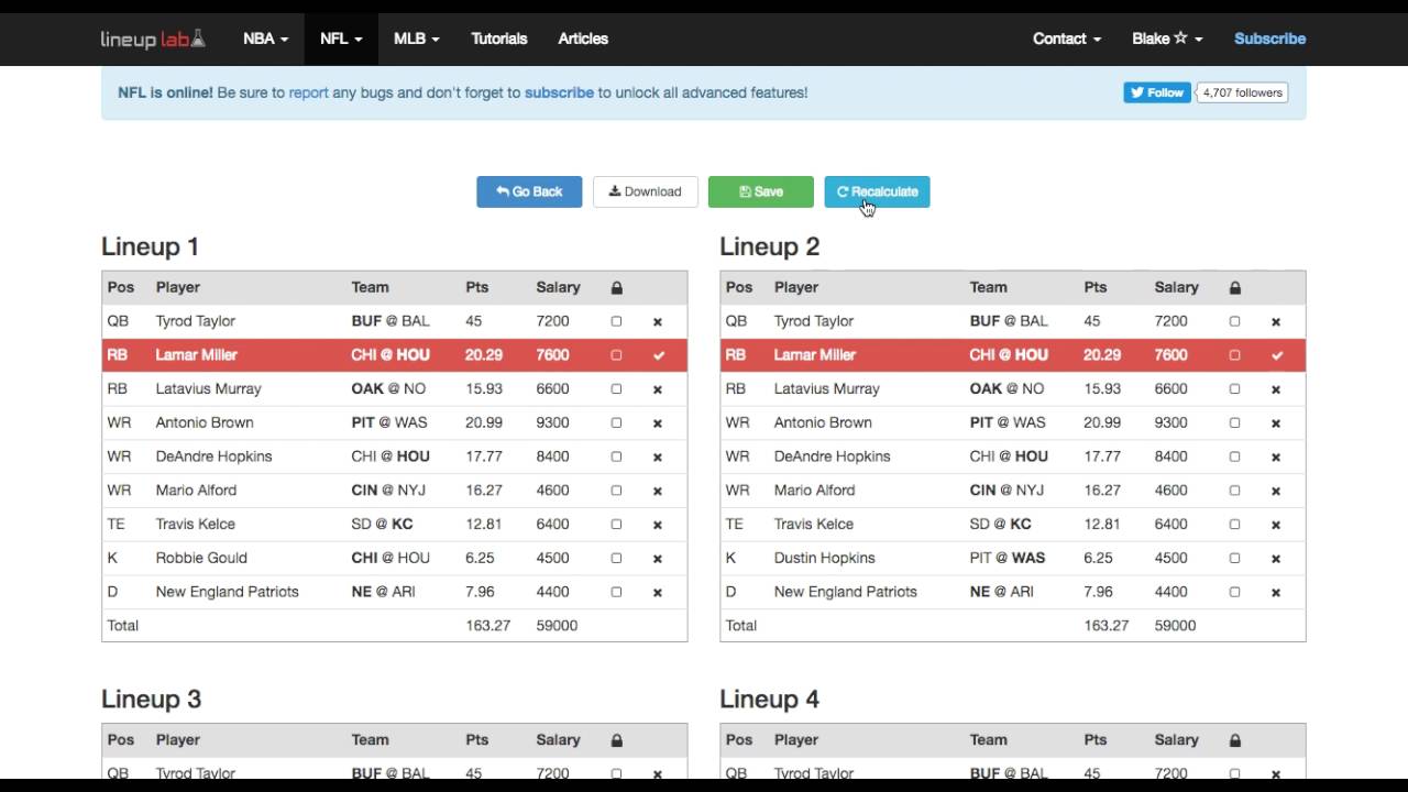 NFL Lineup Optimizer for Fanduel and Draftkings - lineuplab.com - YouTube