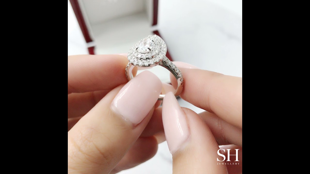 Pear Shape Double Halo Engagement Ring with 53 Side Diamonds – SH