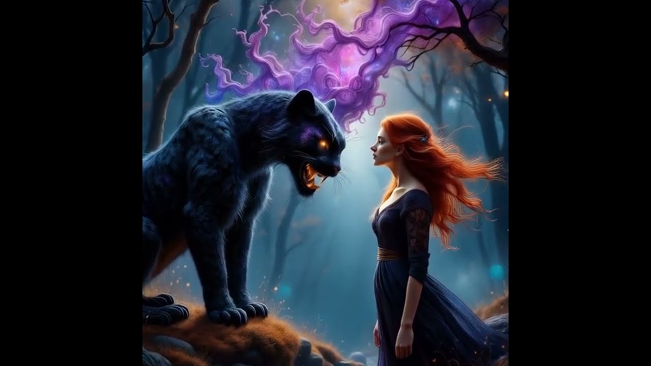 Uma mulher com um vestido azul esvoaçante e sua pantera negra