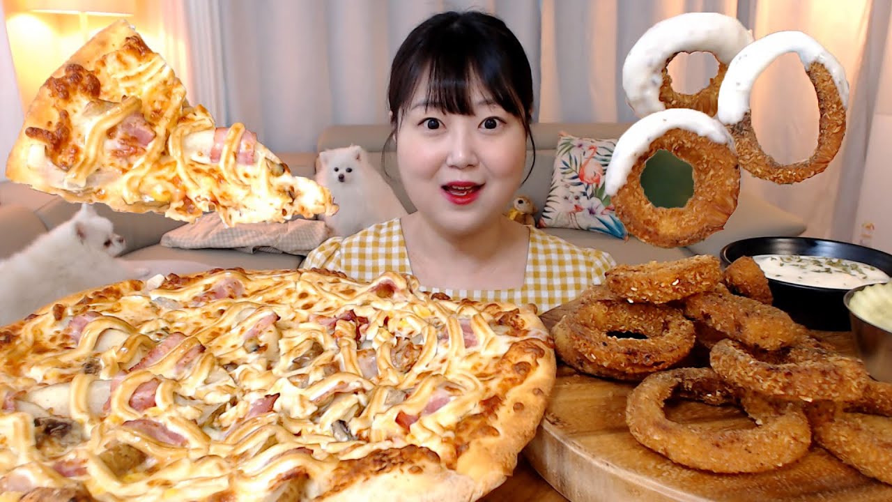 마요네즈도 세번추가하고 영상도 세번찍은 도미노 포테이토마요마요피자 어니언링 랜치소스 Domino Potato Pizza MayoX3 Mukbang