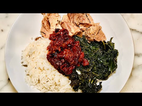Pork Roast with Rhubarb Chutney, Sautéed Greens & Rice