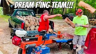 Splitting ready to burn FIREWOOD rounds from truck to truck
