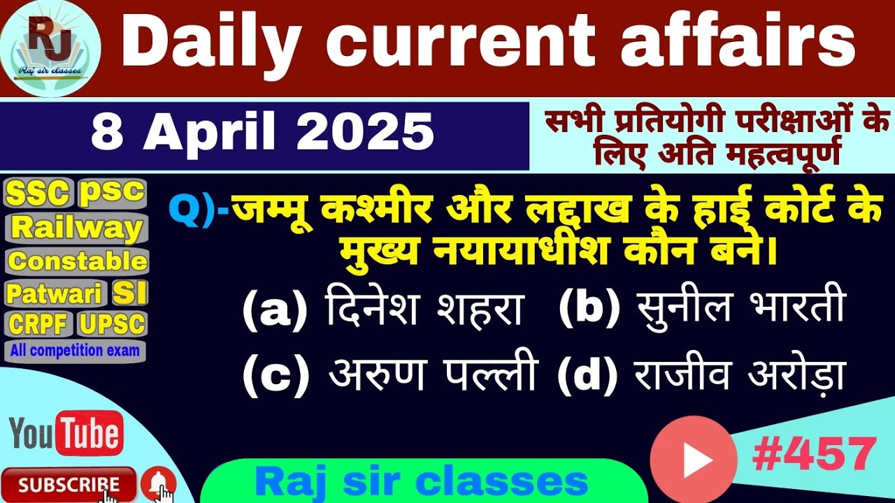 8 April Current Affair 2025 | daily current affairs| NTPC,ALP, GROUP D ...