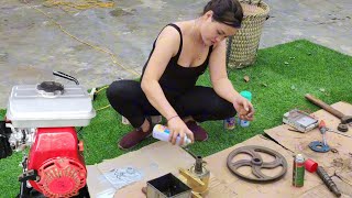 The genius girl repairs and restores the burning machine