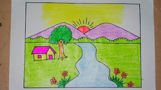 How to draw village scenery drawing beautiful riverside village landscape scenery beautiful nature