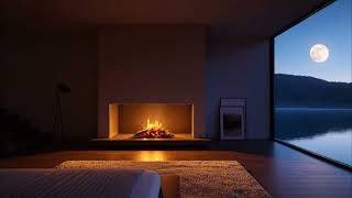 Moonlit Lakeview Bedroom with Fireplace 🌙 Cozy Night Ambience for Sleep