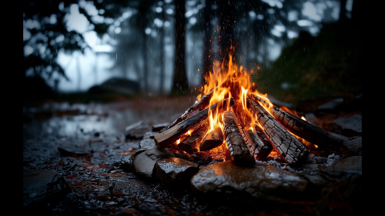 Campfire Sounds for Sleep with Rain and Distant Thunder 3 Hours