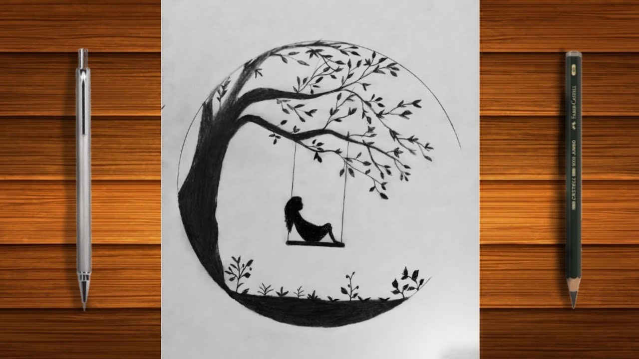 كيفيه رسم فتاه تتأرجح على شجره #رسم How to draw a girl swinging on a tree