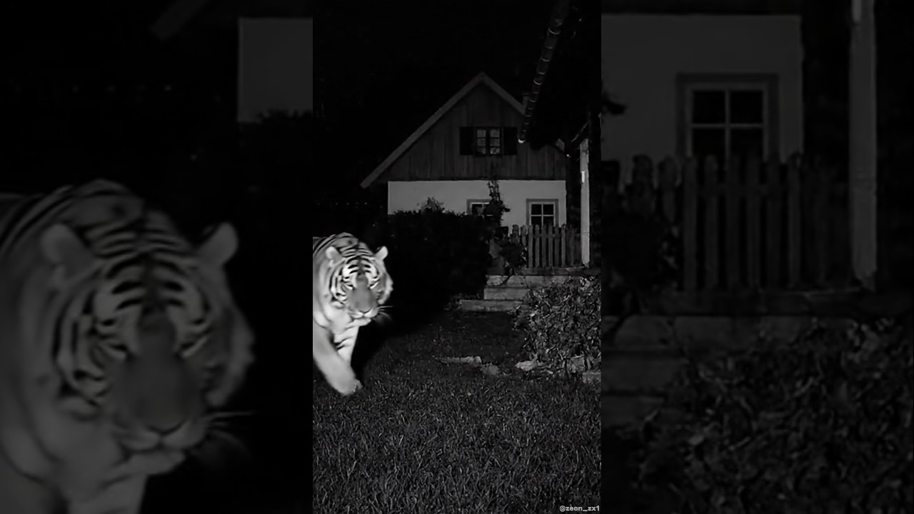 Tiger Spotted Roaming in a Backyard at Night 
